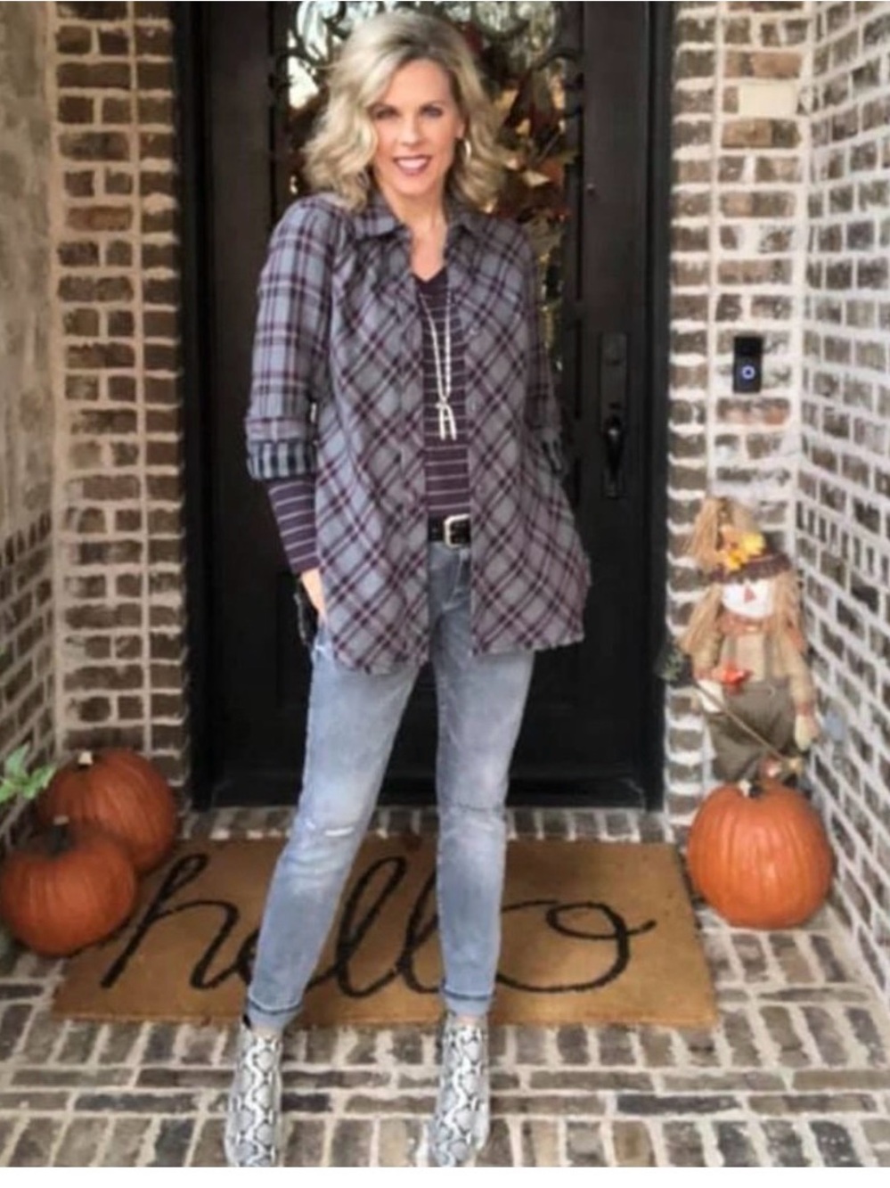 CAbi Gray and Plum Plaid Button-Down Tunic